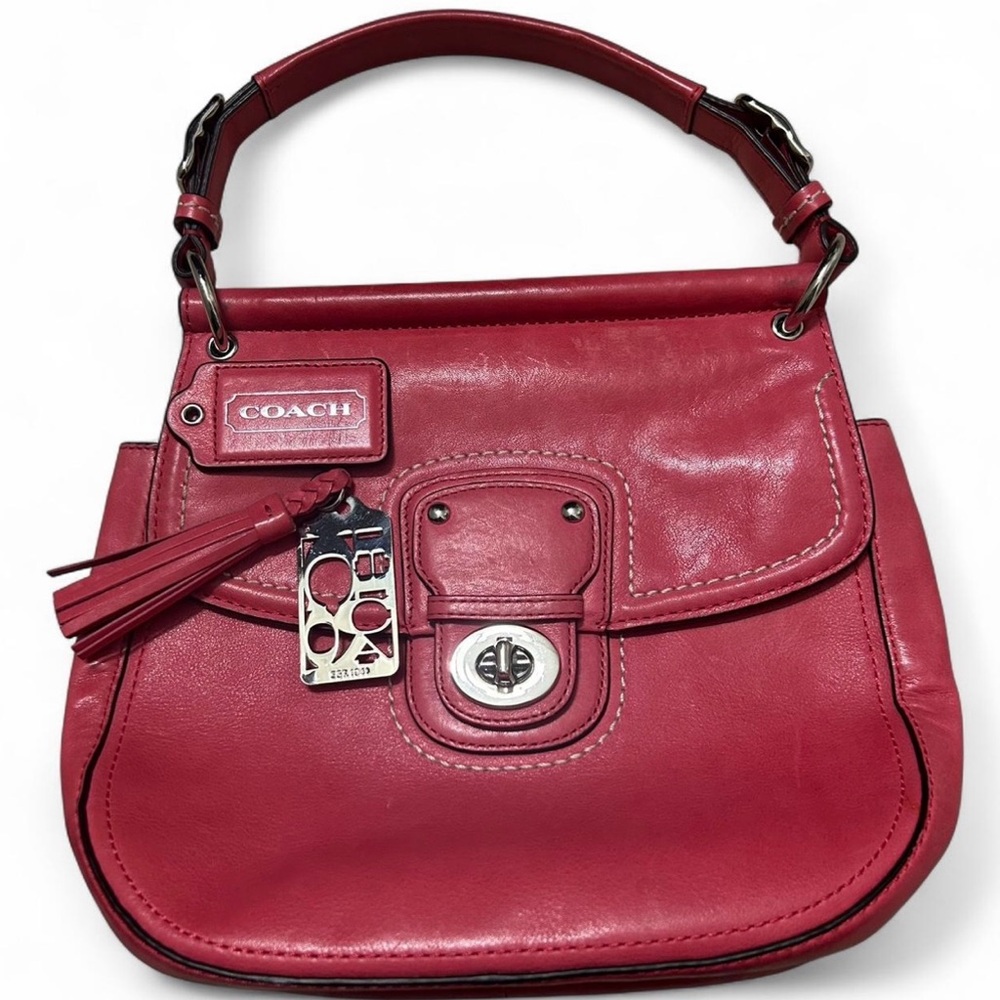 Coach Red Leather Hobo Shoulder Bag with Tassel Charm
